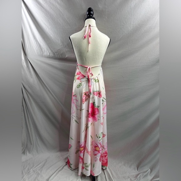 Boho Pink Floral Halter V- Neck Maxi Dress Low Back - Picture 7 of 8